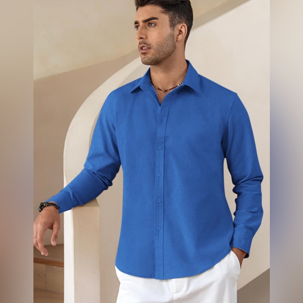 Sz L Coofandy Men's Blue Shirt long sleeve soft button down with collar dressy